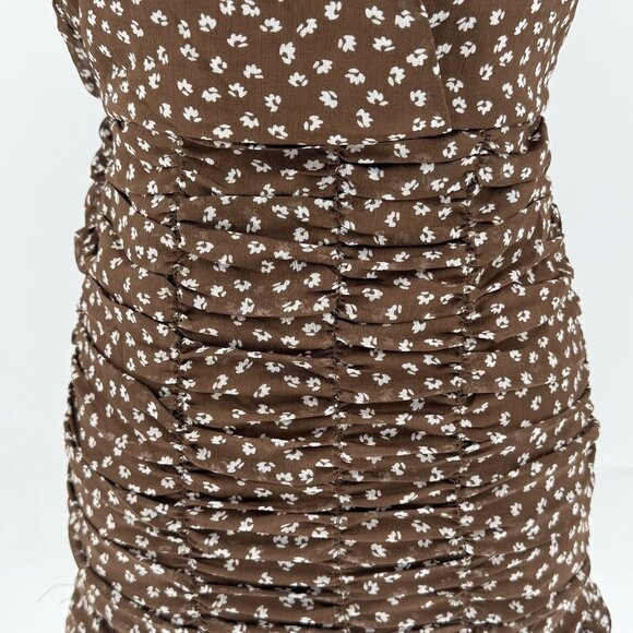 Promesa Brown Floral Ruched Chiffon Mini Dress S Short Sleeve Elastic Back Waist - Picture 3 of 5